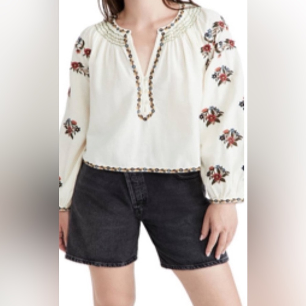 THE GREAT. The Passage Top Floral Embroidered Blouse